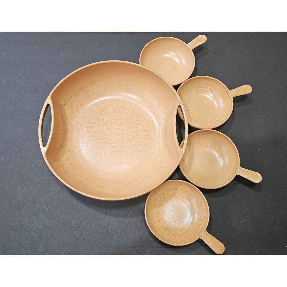 Vintage Ellingers Agatized Wood Serving Bowl Set 5pc Tan MCM 110